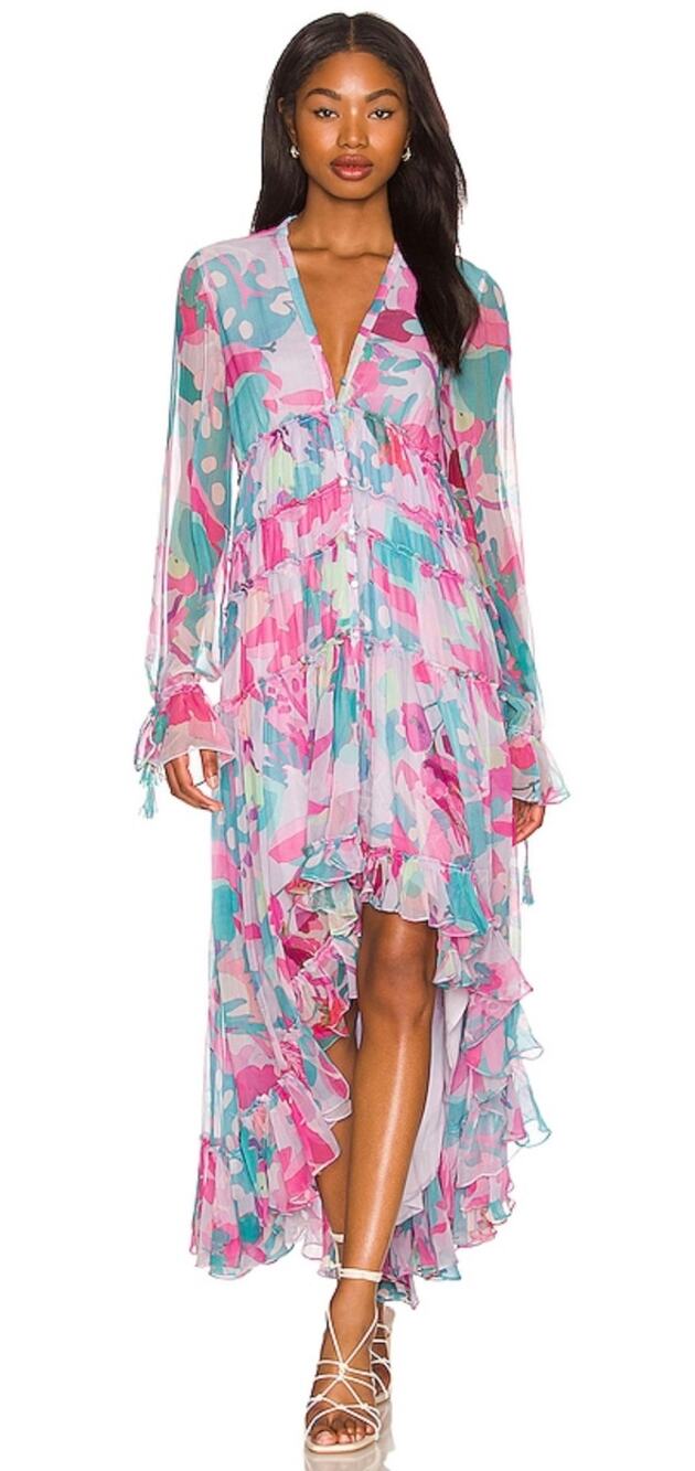 ROCOCO SAND High Low Long Dress in Lilac Floral Long Sleeve size Large